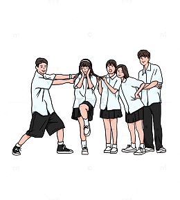 五四青年节团体三女两男人物手绘图