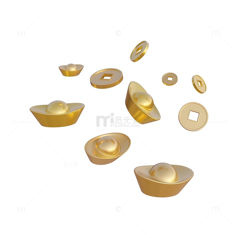 3D立体金元宝铜钱金币漂浮元素