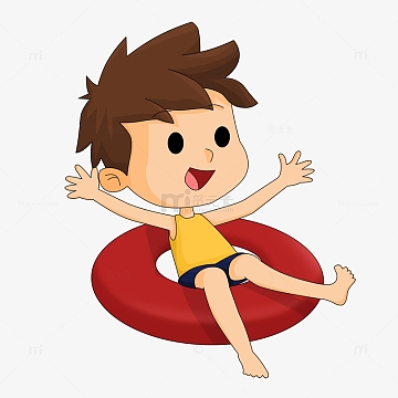 躺在救生圈开心游泳的可爱卡通男孩
