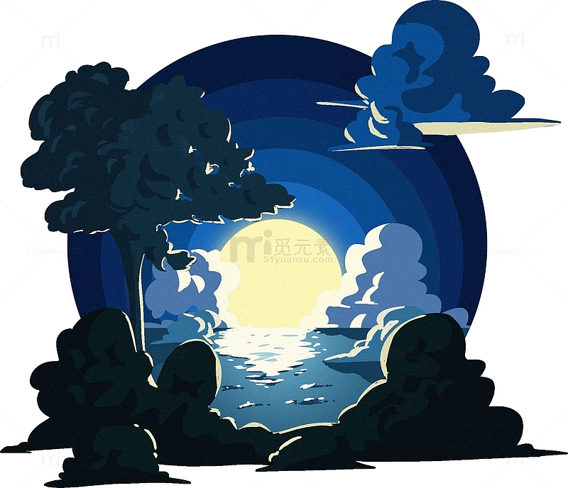 手绘月色湖面小圆窗插画元素