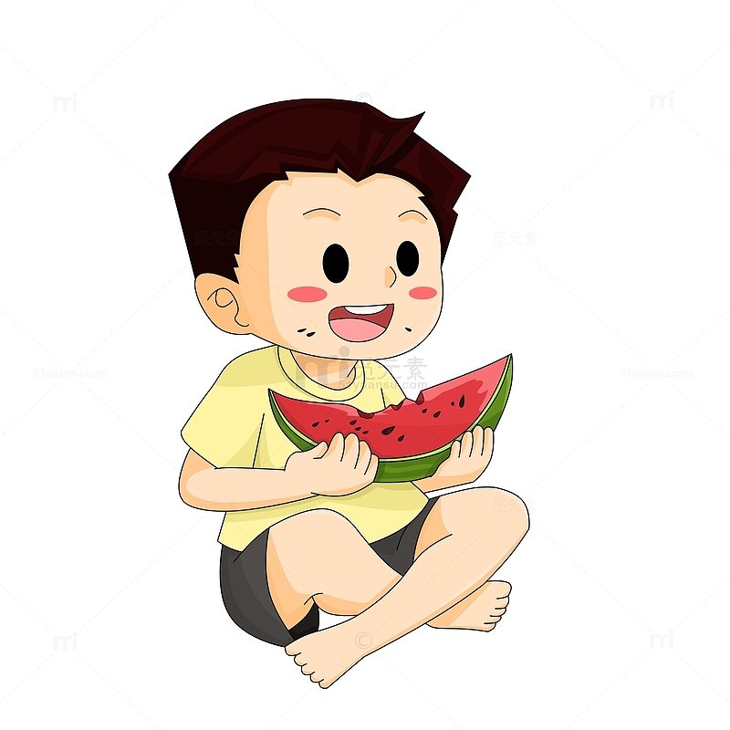 吃西瓜避暑的卡通可爱男孩