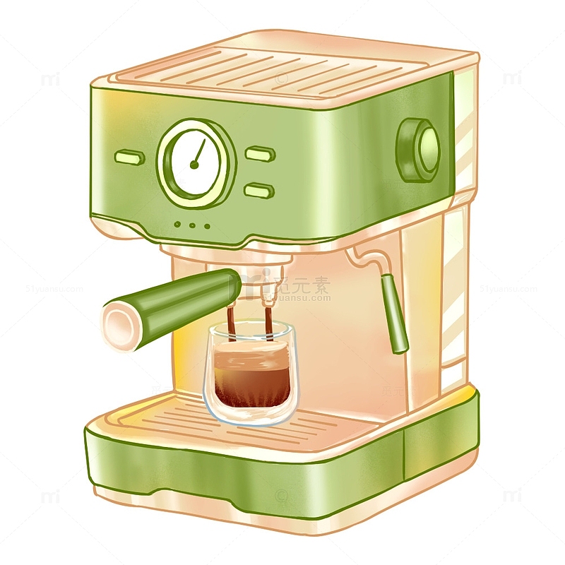 绿色小清新咖啡机手绘插画