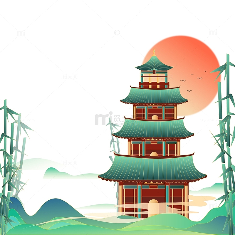 中国风传统风格古代建筑亭子装饰插画