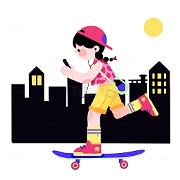 潮流炫酷扁平风手绘插画滑板女孩听音乐夜晚