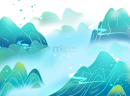 手绘国潮中国风蓝绿山水节气海报装饰元素