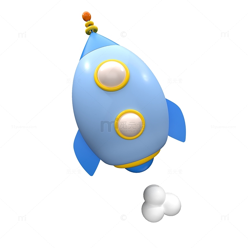 蓝色3D立体可爱宇宙飞船火箭云朵元素