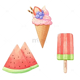 水彩夏天立夏食品西瓜冰淇淋甜筒冰棍食物