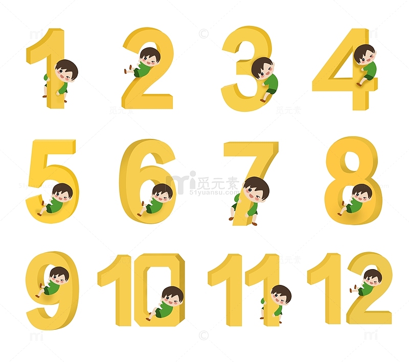 手绘卡通小男孩和立体数字（1-12）