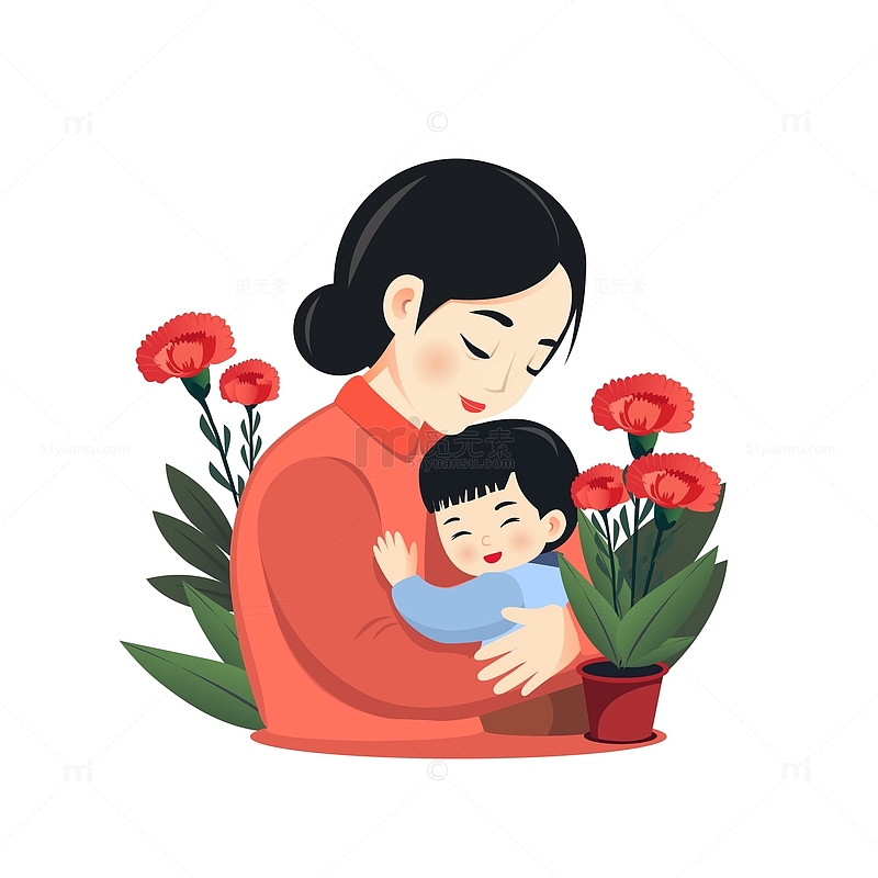 母亲节妈妈小孩康乃馨鲜花绿植拥抱
