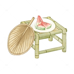 立夏夏天手绘西瓜蒲扇竹凳水彩插画元素