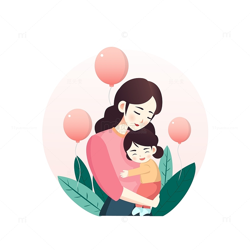 母亲节妈妈小清新小女孩亲子拥抱气球绿植