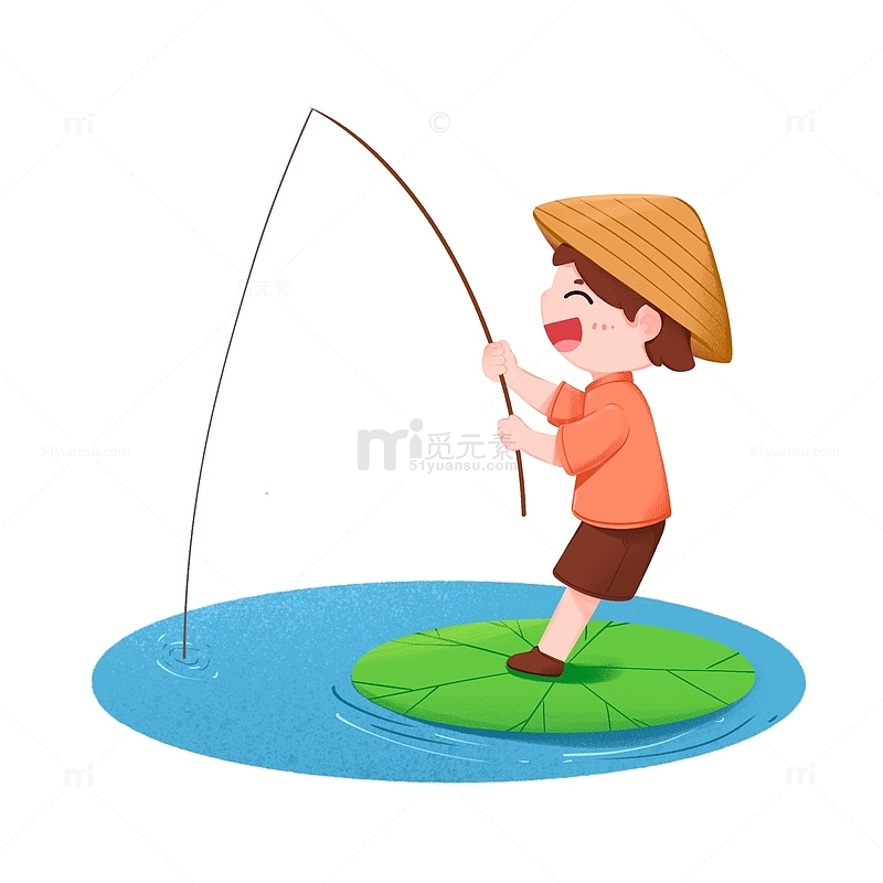 立夏节气男孩在池塘钓鱼免抠元素