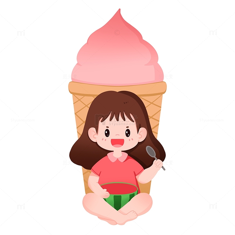 立夏节气创意女孩在冰淇淋下吃西瓜
