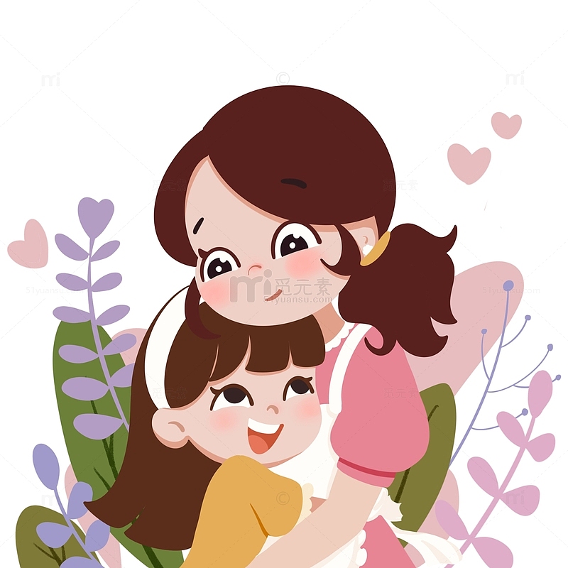 手绘卡通母亲节妈妈和女儿拥抱插画元素