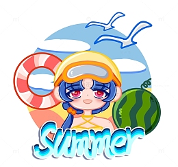 立夏海滩西瓜手绘小人元素