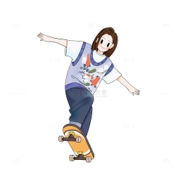 酷炫潮流滑板女孩运动场景人物转手绘扁平风