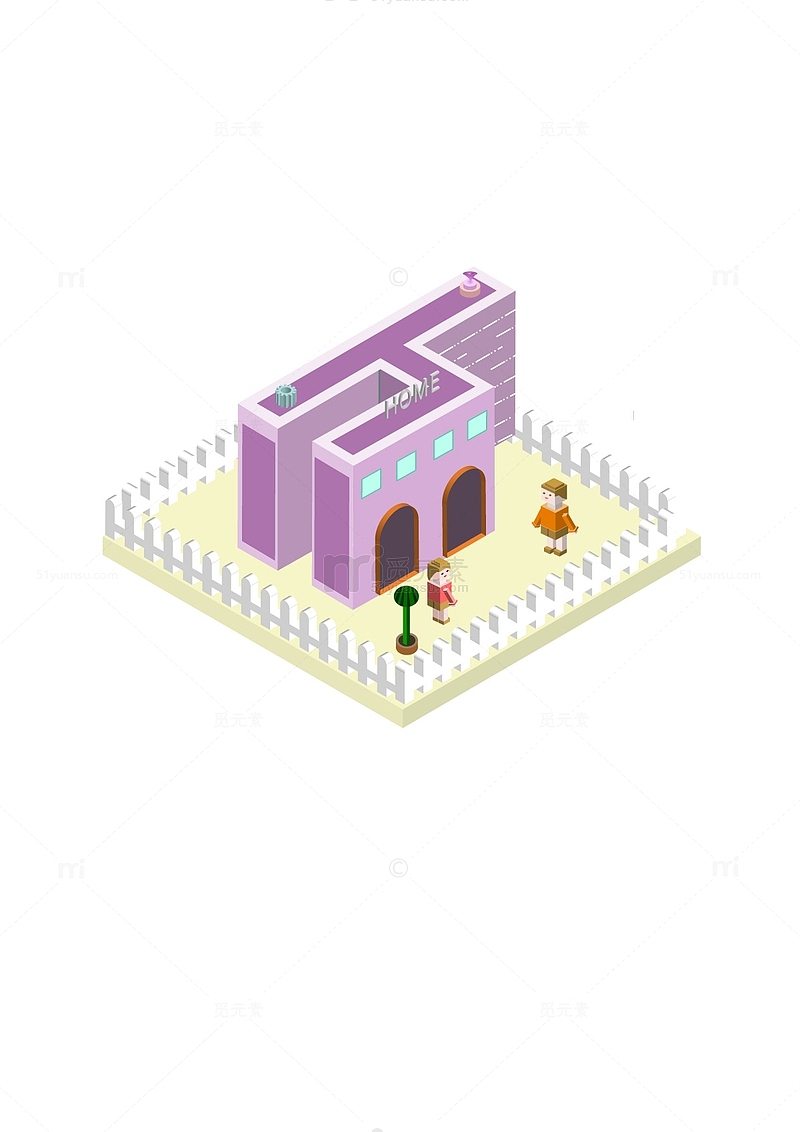 2.5d粉色花园建筑小屋插画
