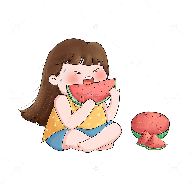 手绘夏天吃西瓜的小孩