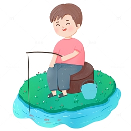 手绘卡通立夏男孩河边钓鱼