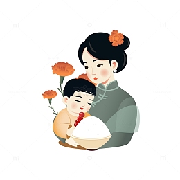 母亲节妈妈宝贝亲子橙色康乃馨古风旗袍
