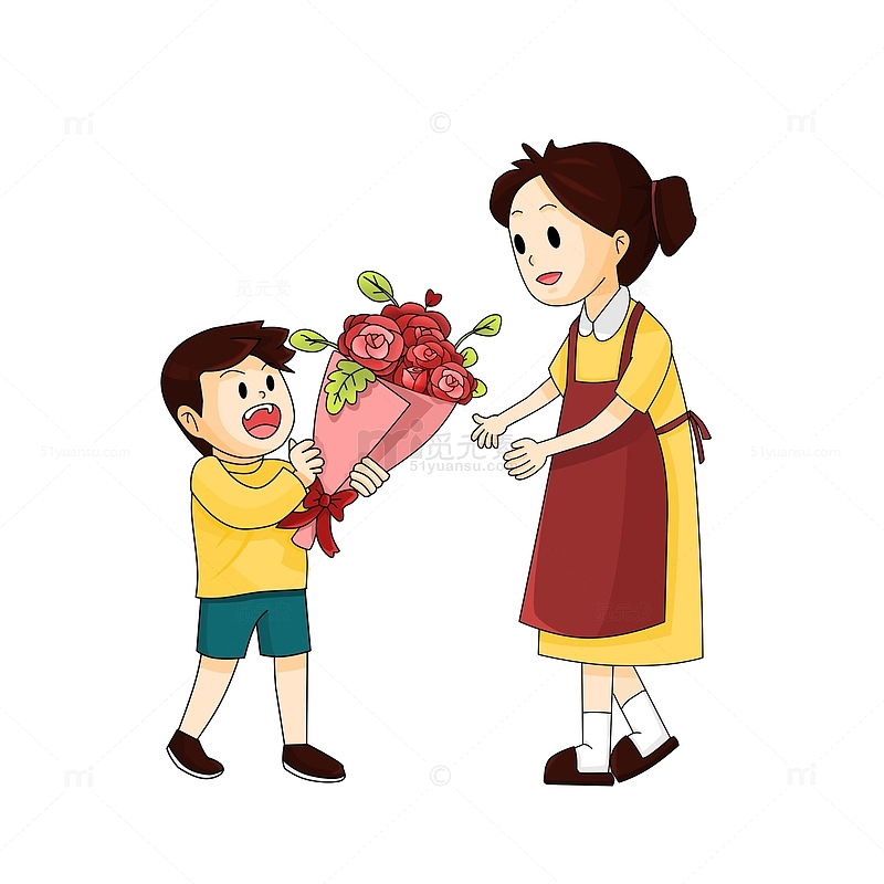 母亲节送妈妈母亲献花送礼物的卡通手绘图