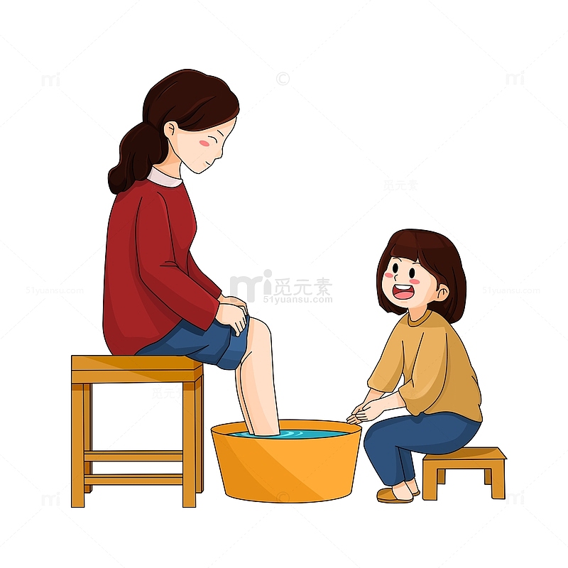 母亲节给妈妈洗脚的卡通女孩.png