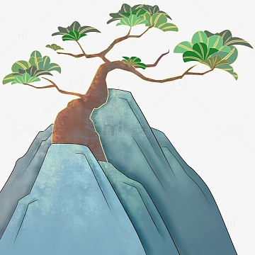 线性新国风松树山峰组合插画