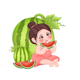 手绘卡通小女孩吃西瓜元素