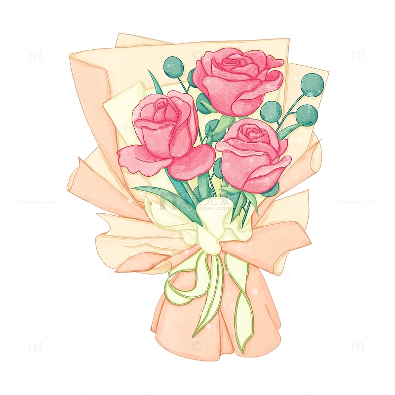 手绘清新水彩玫瑰花束情人节表白日鲜花