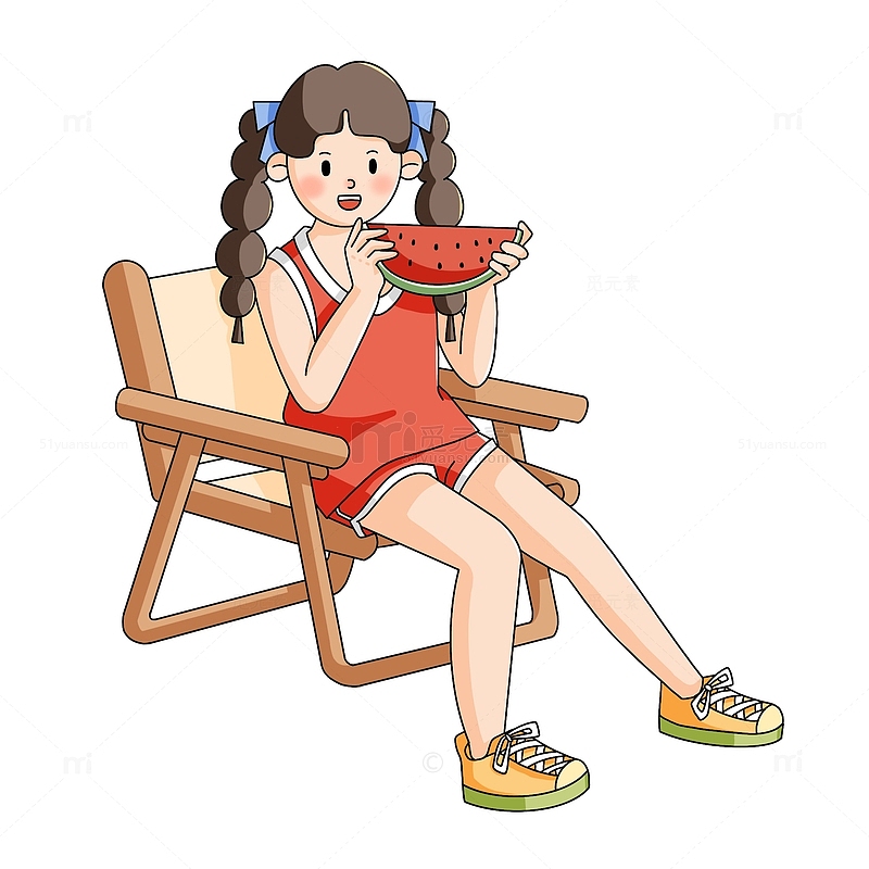夏季描边人物吃西瓜的女孩