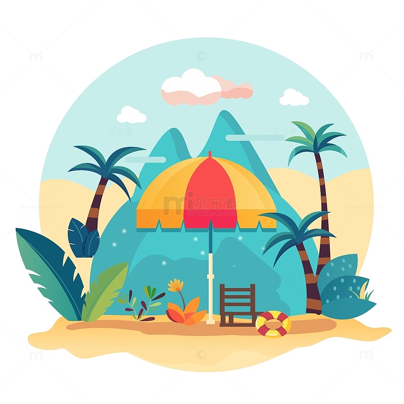立夏夏天蓝天白云海边沙滩椰子树休闲太阳伞