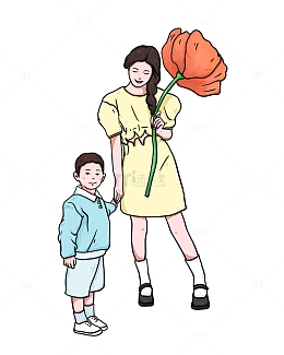 母亲节亲子拉手献花给妈妈人物手绘图