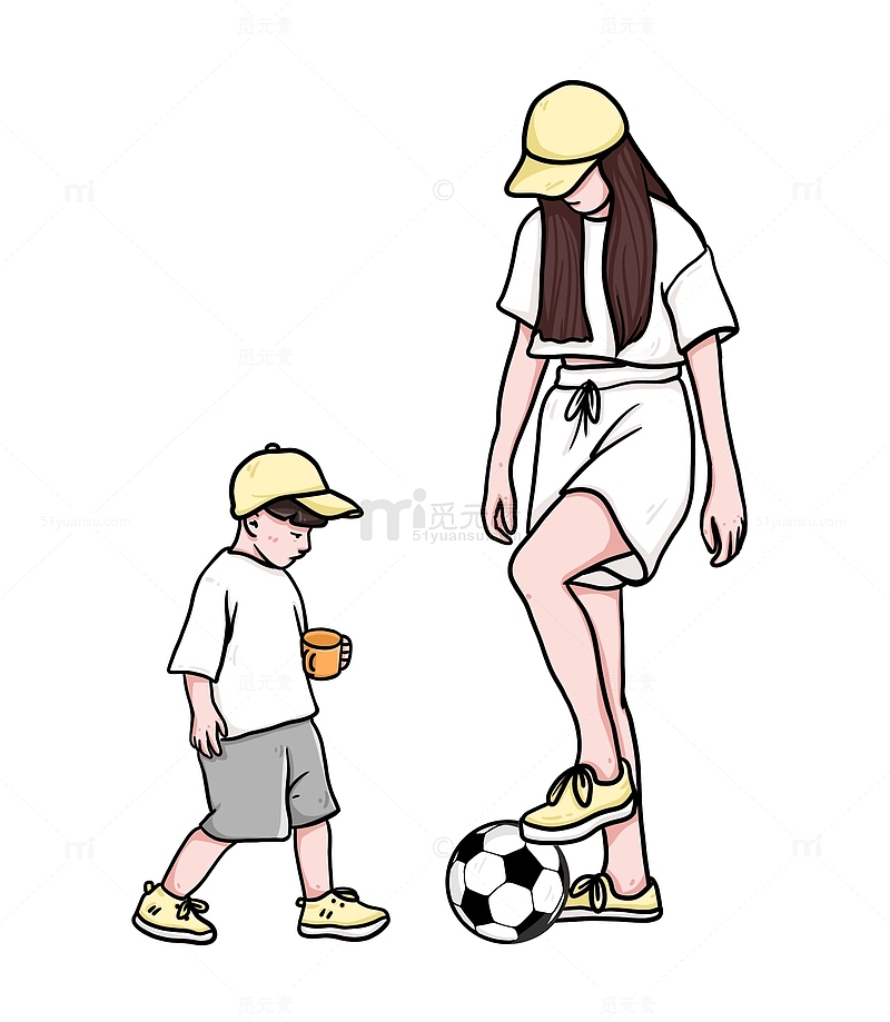 母亲节亲子踢足球互动人物手绘图