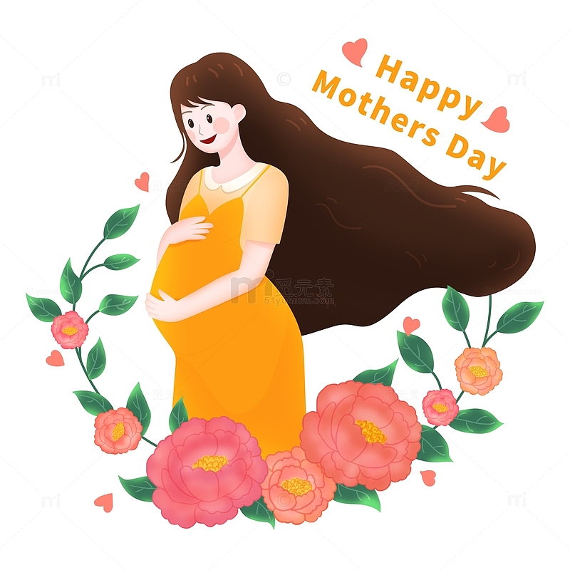 母亲节孕妇人物花朵边框卡通插画元素