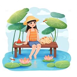 手绘插画立夏小女孩坐在荷花塘边