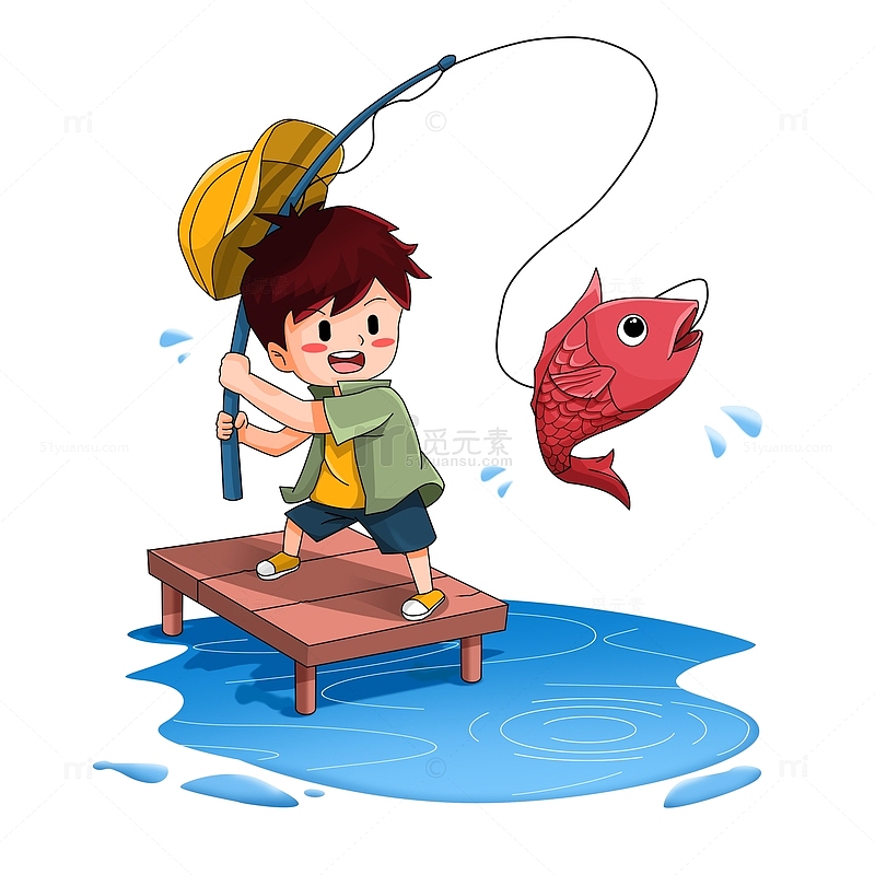 夏日户外钓鱼活动卡通儿插