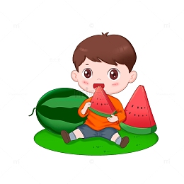 男孩在草地靠在西瓜边上吃西瓜元素