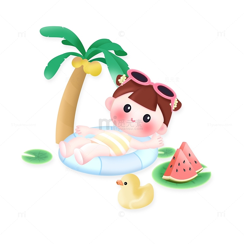 夏日可爱小女孩度假游泳吃西瓜立夏插画