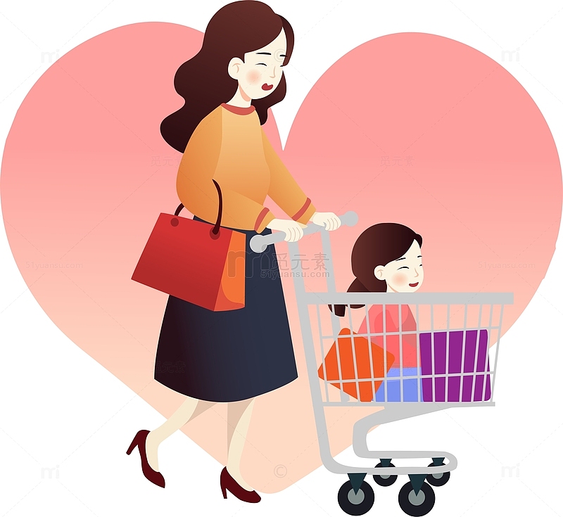 母亲节妈妈女儿购物车购物爱心礼物亲子
