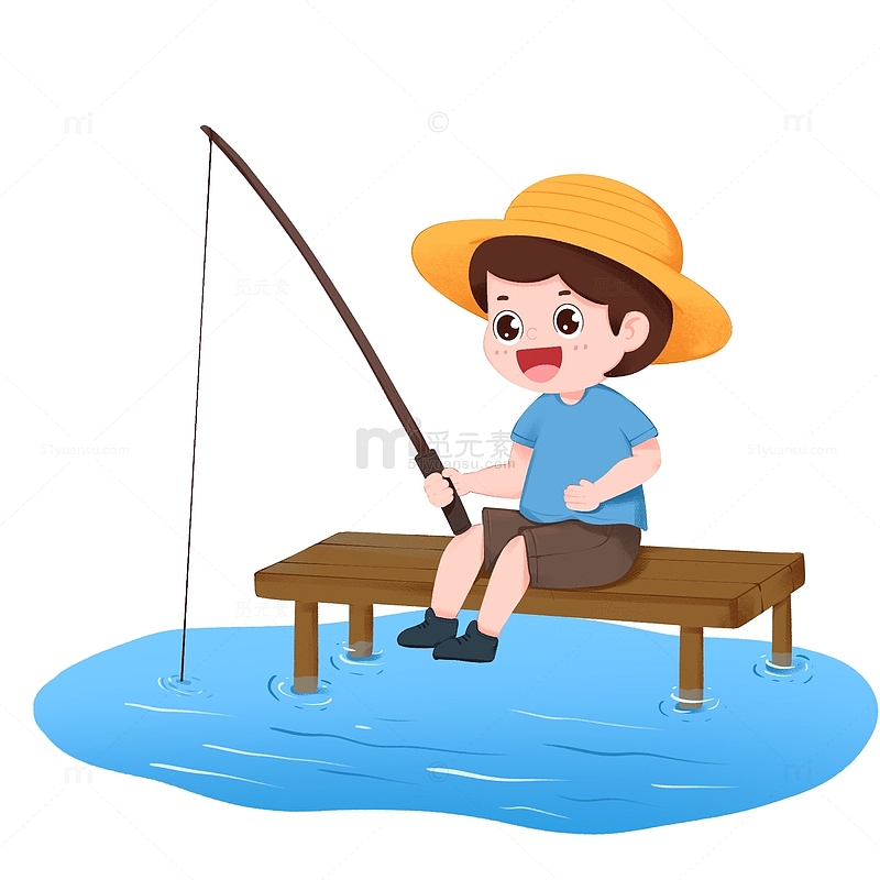 男孩开心在水池钓鱼免抠元素