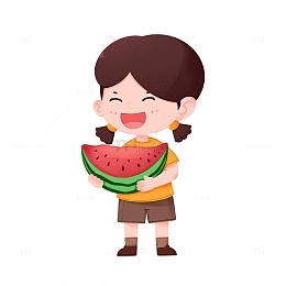 女孩夏天手捧大西瓜开心吃西瓜免抠元素
