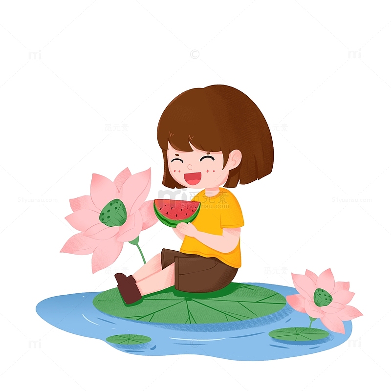 手绘女孩在莲花池开心吃西瓜场景元素