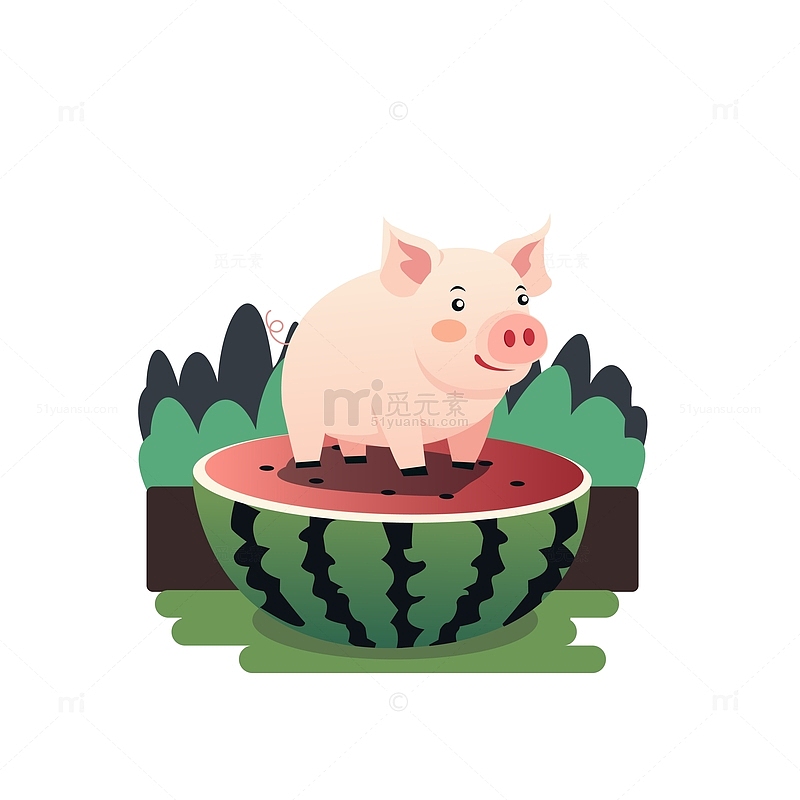 动物粉色小猪西瓜水果夏季夏天扁平化简约