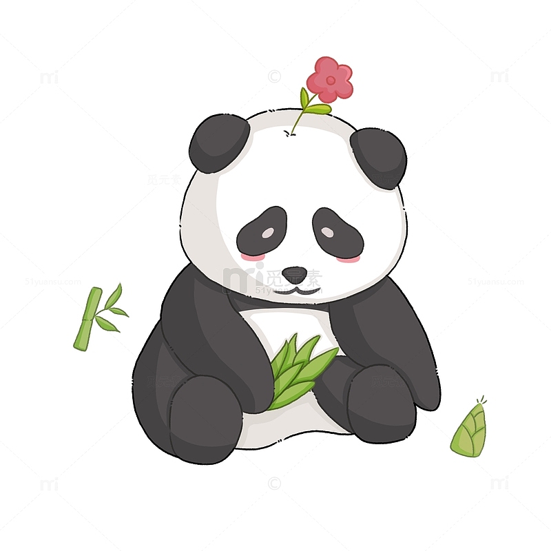 手绘可爱卡通动物手拿竹子的大熊猫