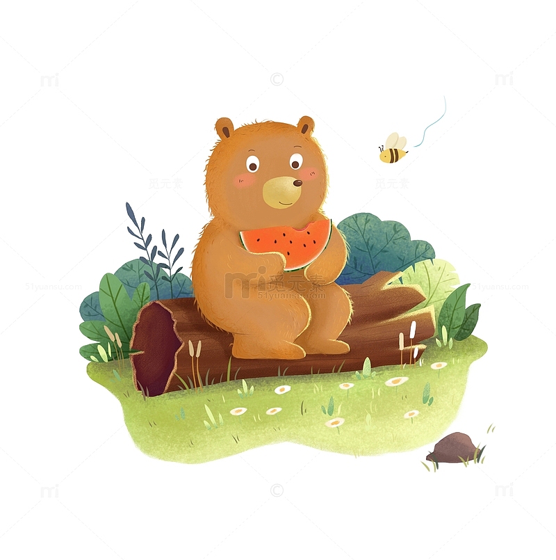 手绘小熊吃西瓜植物动物小场景
