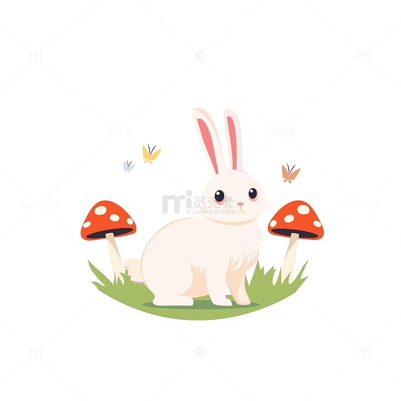 动物兔子小白兔蘑菇草地植物绿植蝴蝶