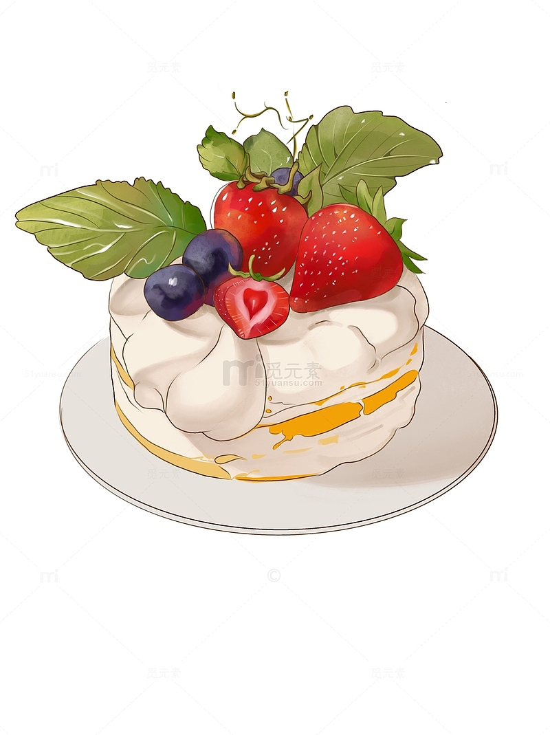 手绘水彩甜点草莓蛋糕元素
