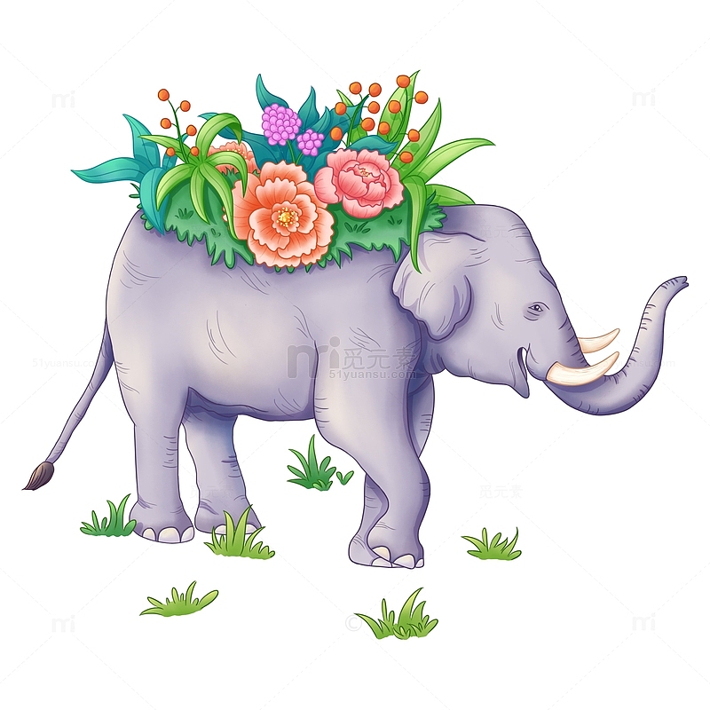 手绘生态友好植物大象行走动物花朵插画元素