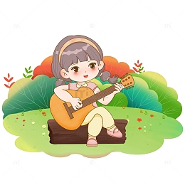 卡通小女孩弹吉他场景元素