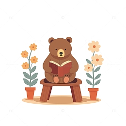 动物小熊看书花盆凳子小清新植物